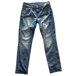 True Religion World Tour Slim Straight Denim Jeans Blue Button Embroidered